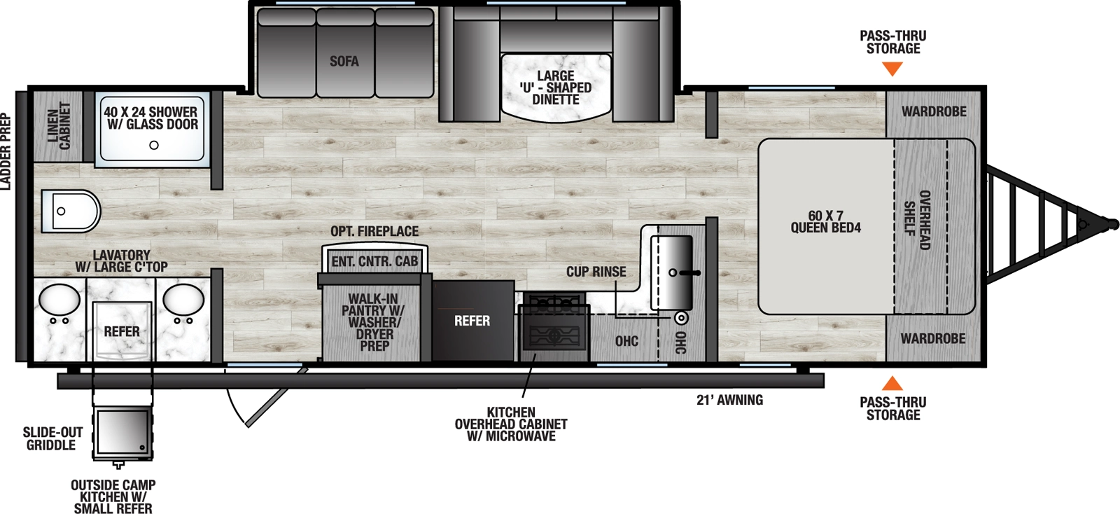 The Clipper Travel Trailers 25RB floorplan has one entry and one slide out. Exterior features include: metal exterior, 21' awning and outside kitchen. Interiors features include: u-dinette, front bedroom and rear bathroom.
